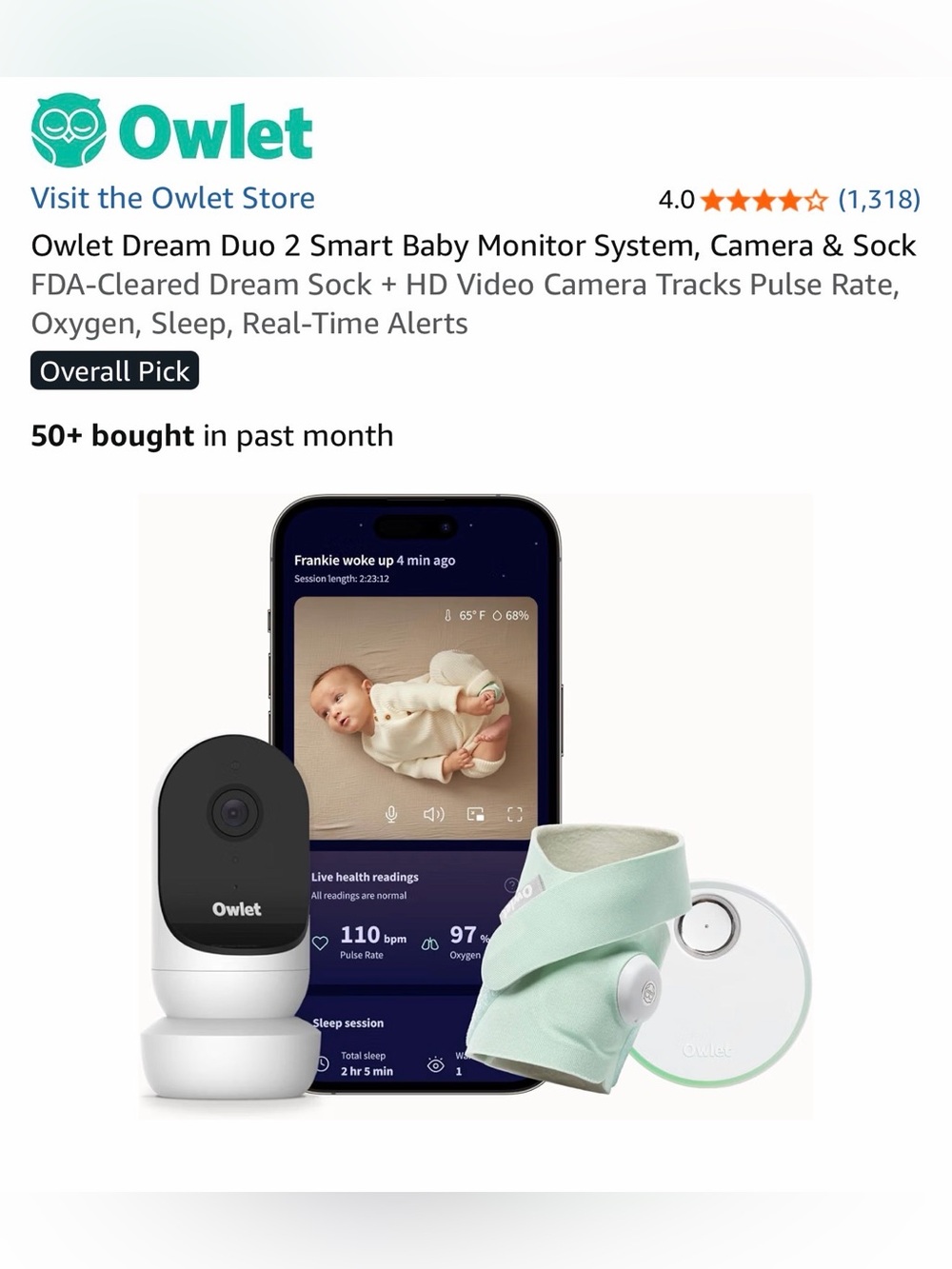 Owlet Dream Duo 2 Smart Baby Monitoring System - camera & sock